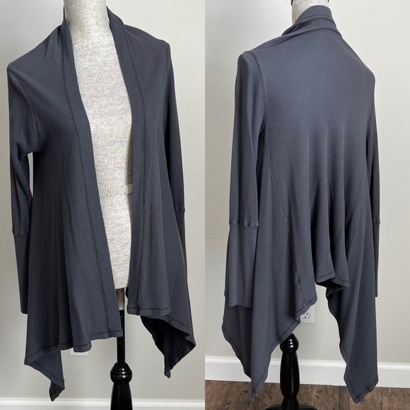 Long Sleeve Thermal Waffle Knit Handkerchief Cardigan Sweater Top Grey Small - Picture 13 of 13